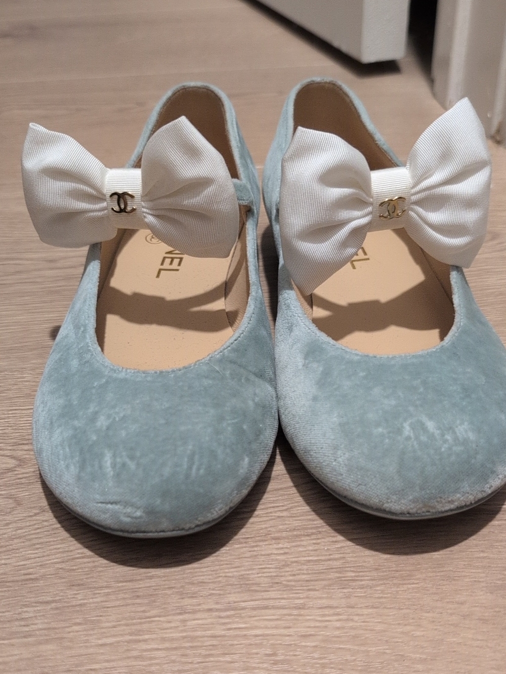 Chanel Light Blue Velvet Mary Janes with Cream Bow